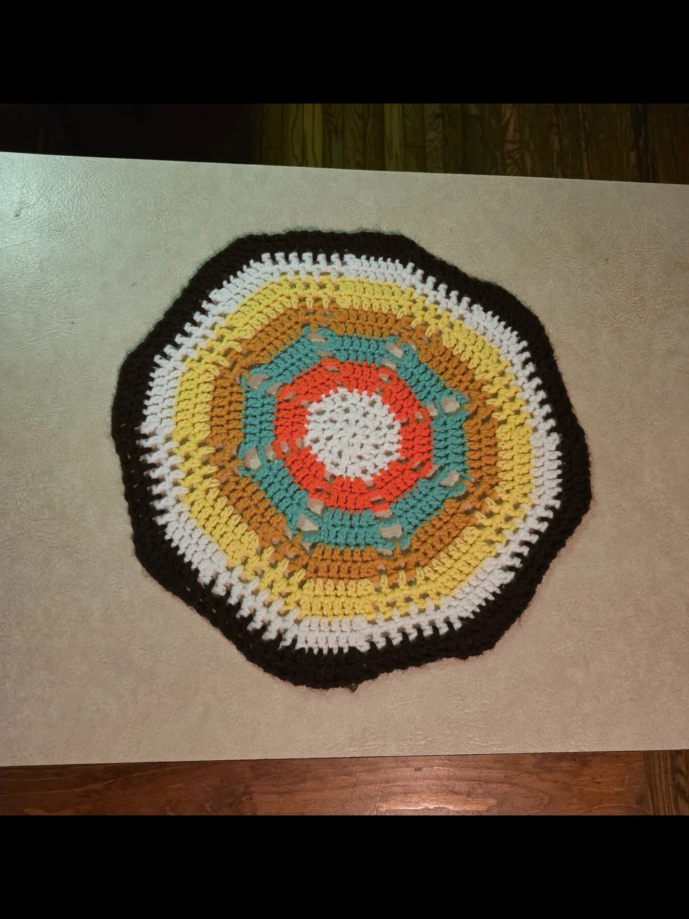 Hand-Crocheted Round Doily in Yellow, Teal, Orange & White